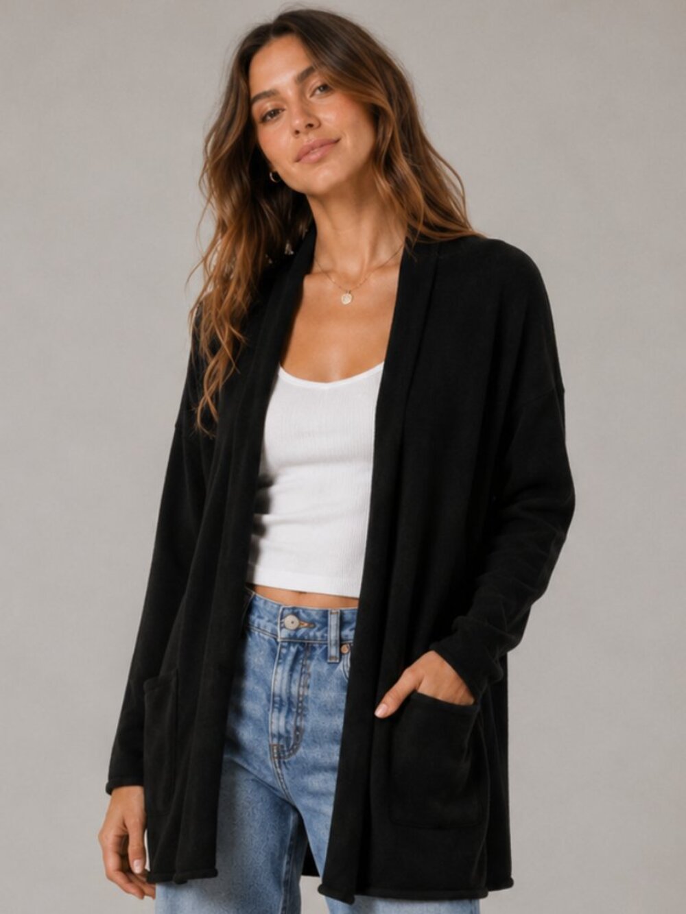 H&M Black Open Front Longline Cardigan Rolled Edges Patch Pockets Size S EUC